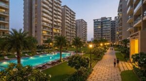 Well-maintained residential society in Navi Mumbai with swimming pool, landscaped garden and modern apartment buildings