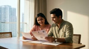 Navi Mumbai flat owners reviewing their Vertical Property Card documents at home
