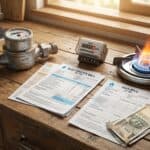 Utility connections in Navi Mumbai including water meter, electricity meter and piped gas stove representing NMMC MSEDCL and MGL services