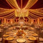 Decorated wedding banquet hall in Navi Mumbai with marigold flowers, string lights and elegant table settings ready for reception
