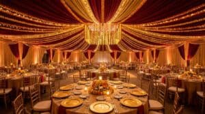 Decorated wedding banquet hall in Navi Mumbai with marigold flowers, string lights and elegant table settings ready for reception