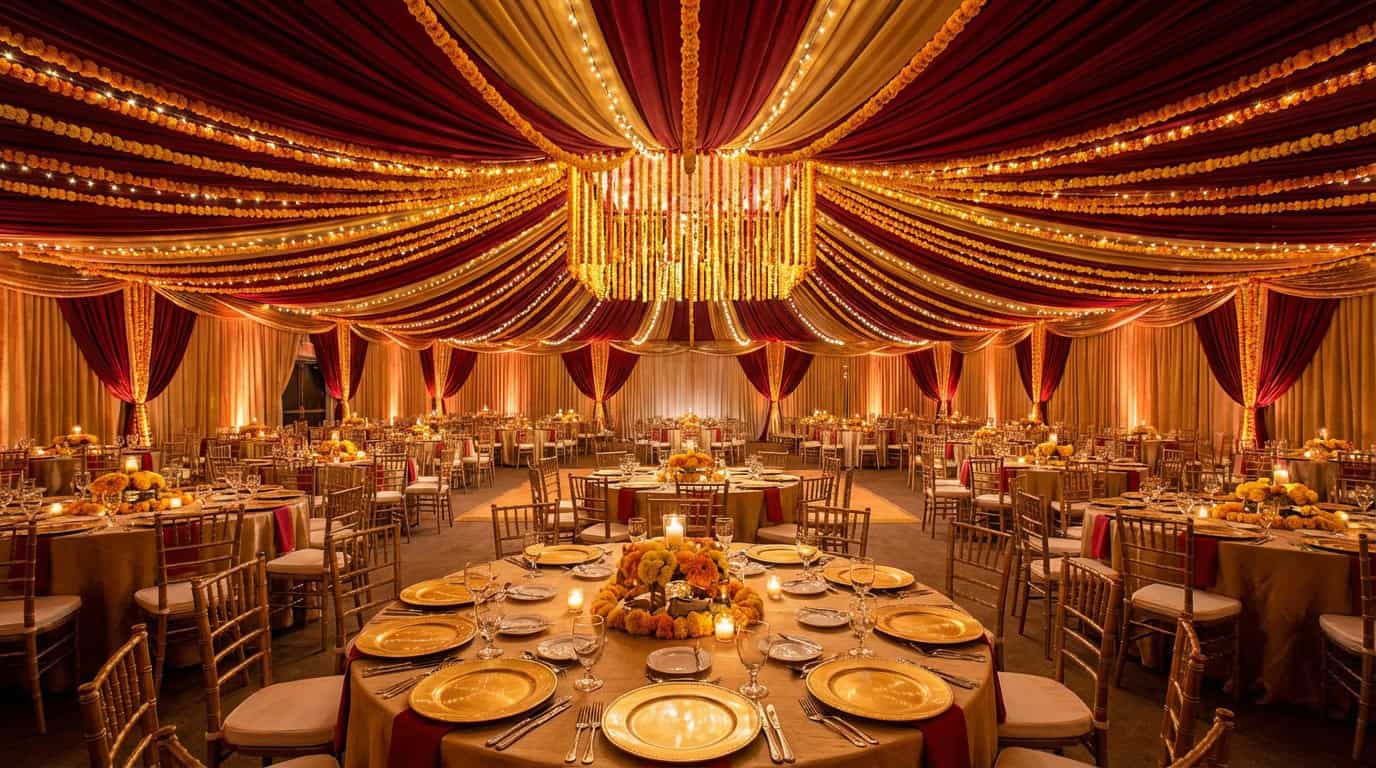 Decorated wedding banquet hall in Navi Mumbai with marigold flowers, string lights and elegant table settings ready for reception
