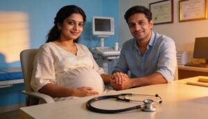 Expecting couple at a maternity hospital consultation in Navi Mumbai