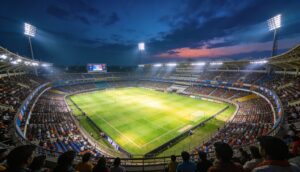 DY Patil Stadium Nerul Navi Mumbai lit up during an evening event