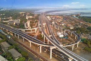 Aerial view of Atal Setu Mumbai Trans Harbour Link connecting Mumbai and Navi Mumbai