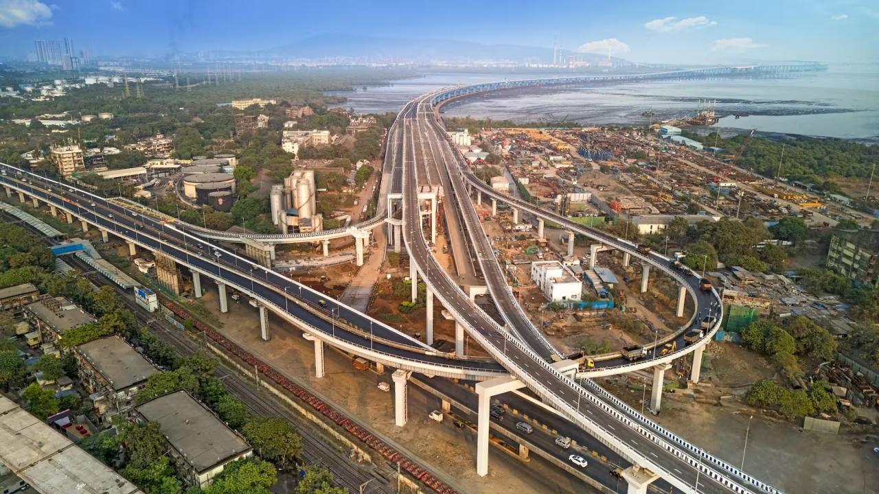 Aerial view of Atal Setu Mumbai Trans Harbour Link connecting Mumbai and Navi Mumbai