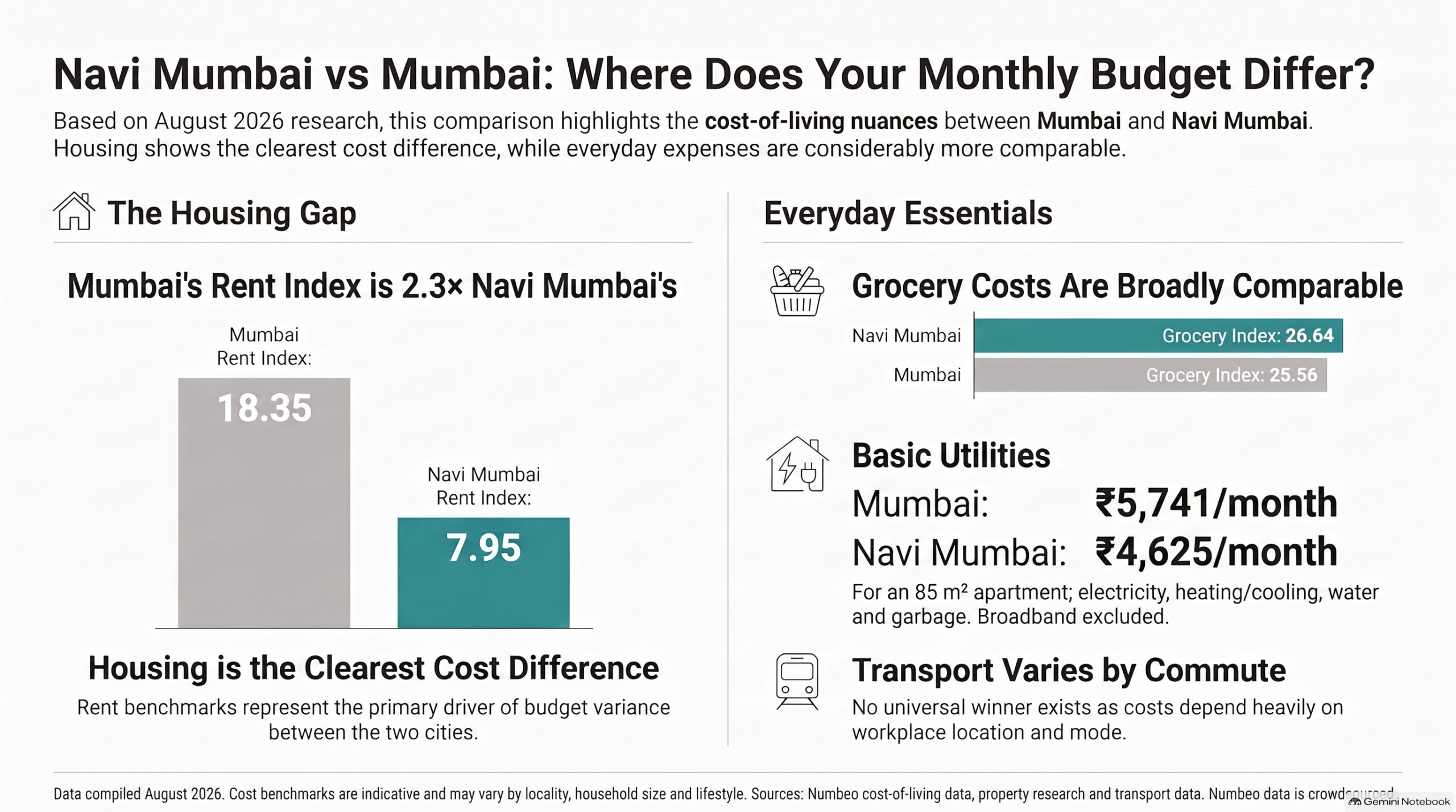Navi Mumbai vs Mumbai cost of living comparison showing rent, groceries, utilities and transport in 2026