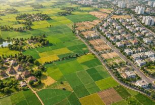 Illustrative landscape of farmland and housing with decorative parcel lines.