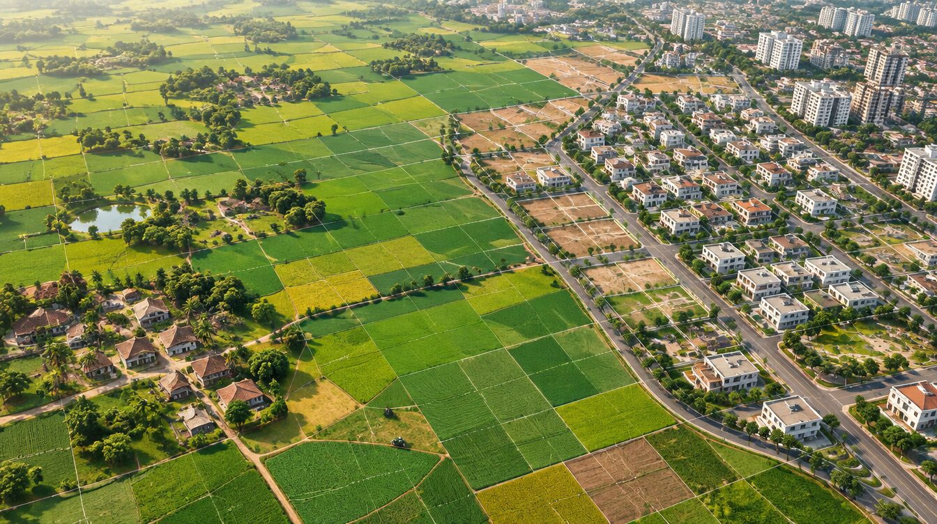 Illustrative landscape of farmland and housing with decorative parcel lines.
