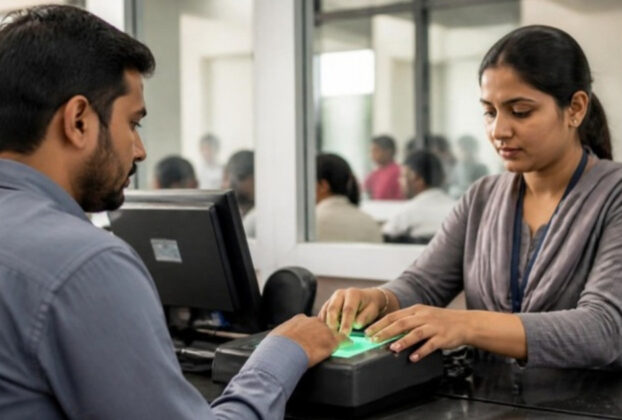 A person having their fingerprint scanned at a service counter