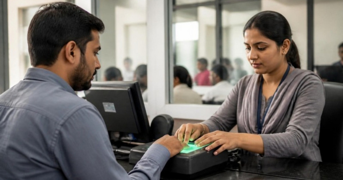 A person having their fingerprint scanned at a service counter