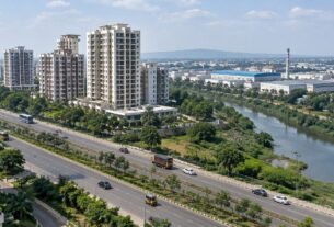 Illustrative AI-generated view of apartment towers near a creek and highway, not an actual Airoli location.