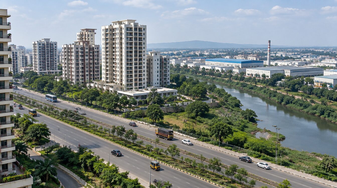 Illustrative AI-generated view of apartment towers near a creek and highway, not an actual Airoli location.