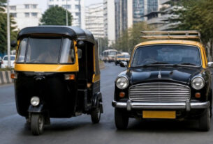 A black-and-yellow auto rickshaw and a black-and-yellow taxi parked on a street in Navi Mumbai