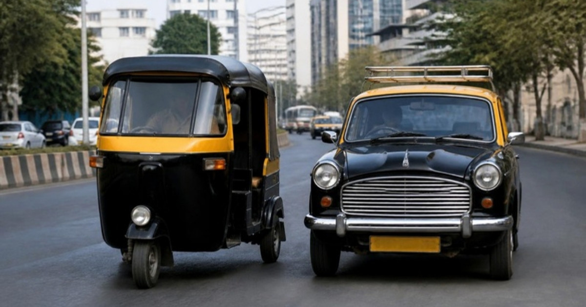 A black-and-yellow auto rickshaw and a black-and-yellow taxi parked on a street in Navi Mumbai