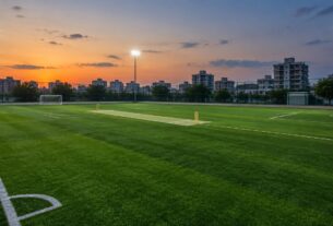 Illustrative AI-generated image of a turf sports ground at dusk. Does not depict a specific Navi Mumbai venue.