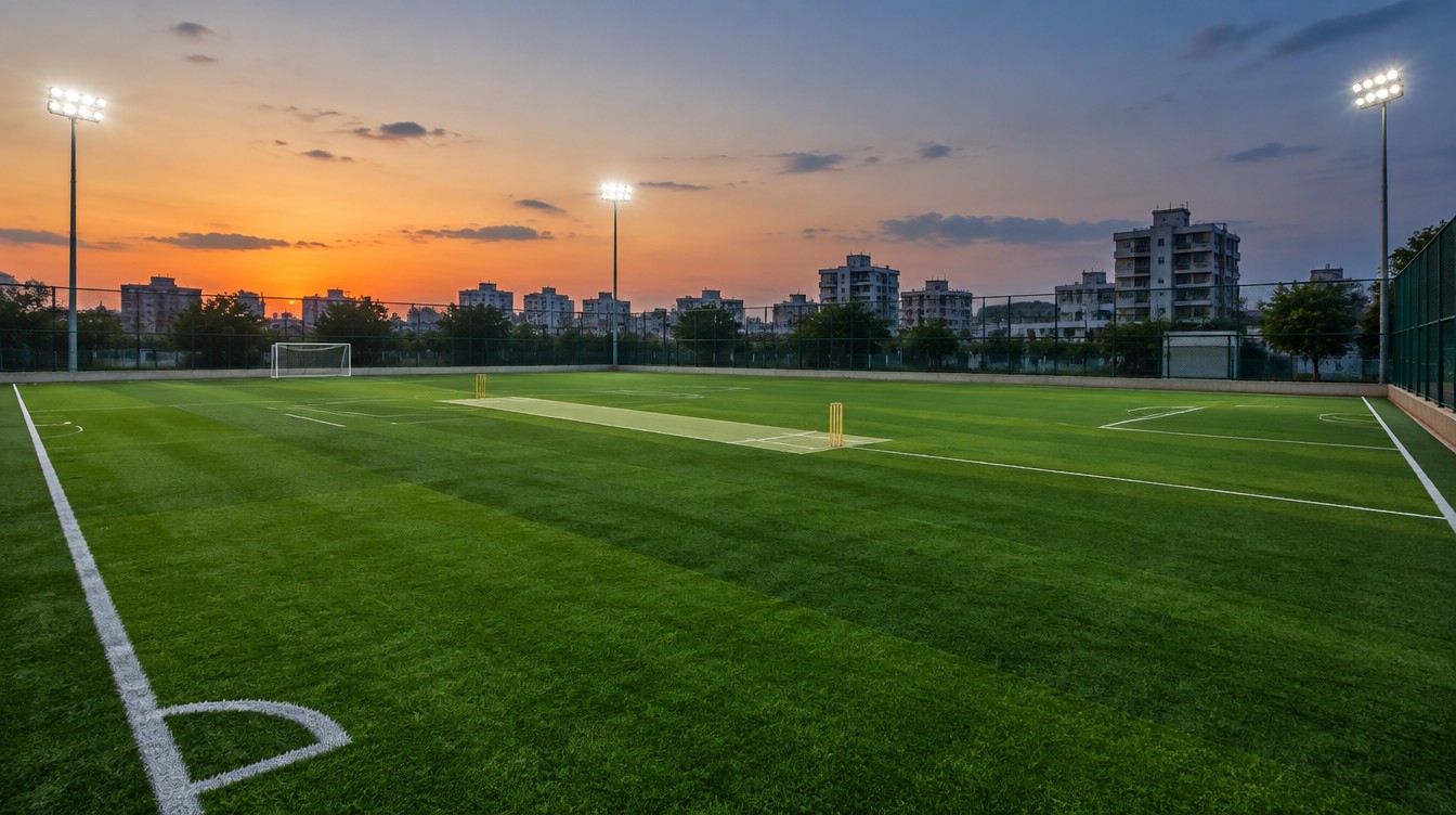 Illustrative AI-generated image of a turf sports ground at dusk. Does not depict a specific Navi Mumbai venue.