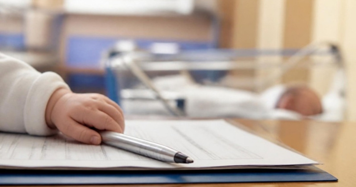 A newborn baby's hand resting on a document with a pen