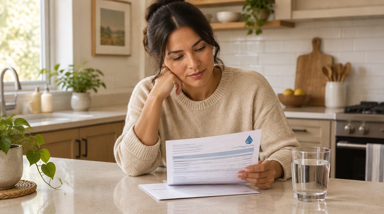 Illustrative AI-generated image of a person reviewing a water bill at home; does not depict an actual CIDCO portal or bill.