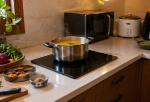 Illustrative AI-generated image of an Indian kitchen using induction, microwave, rice cooker and air fryer, without a gas stove.