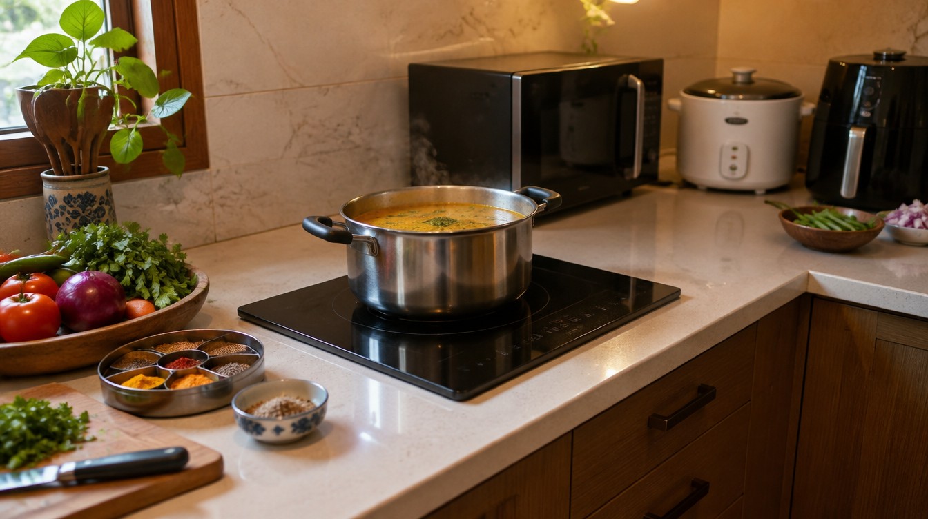 Illustrative AI-generated image of an Indian kitchen using induction, microwave, rice cooker and air fryer, without a gas stove.