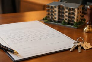 Illustrative image of a property document, keys and a residential building model on a desk. Does not depict an actual document or building.