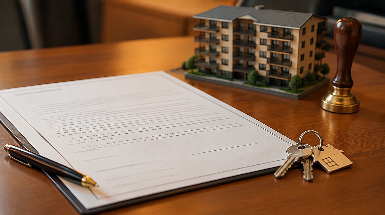 Illustrative image of a property document, keys and a residential building model on a desk. Does not depict an actual document or building.