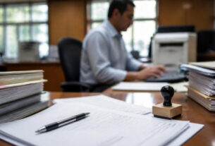 Application forms, a stamp and a pen on a desk in a government revenue office