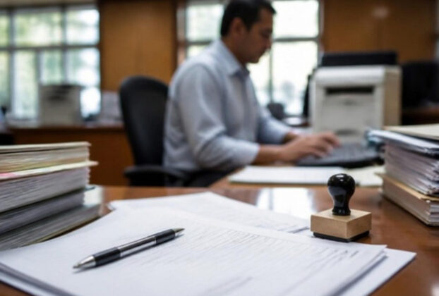 Application forms, a stamp and a pen on a desk in a government revenue office