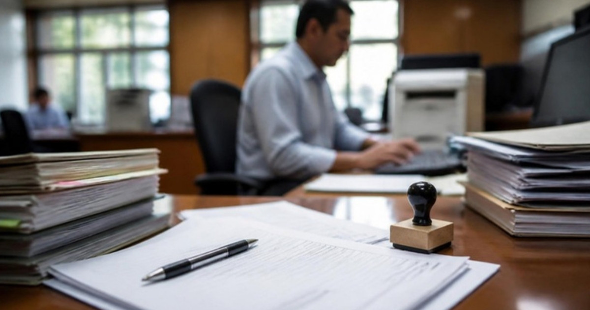 Application forms, a stamp and a pen on a desk in a government revenue office