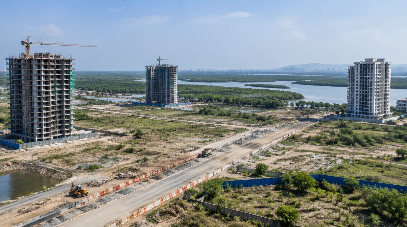 Illustrative AI-generated view of under-construction towers near a creek and mangroves, not an actual Dronagiri location.