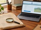 Illustrative AI-generated scene of property documents and a laptop, not an actual government portal.