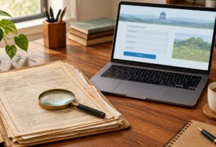 Illustrative AI-generated scene of property documents and a laptop, not an actual government portal.