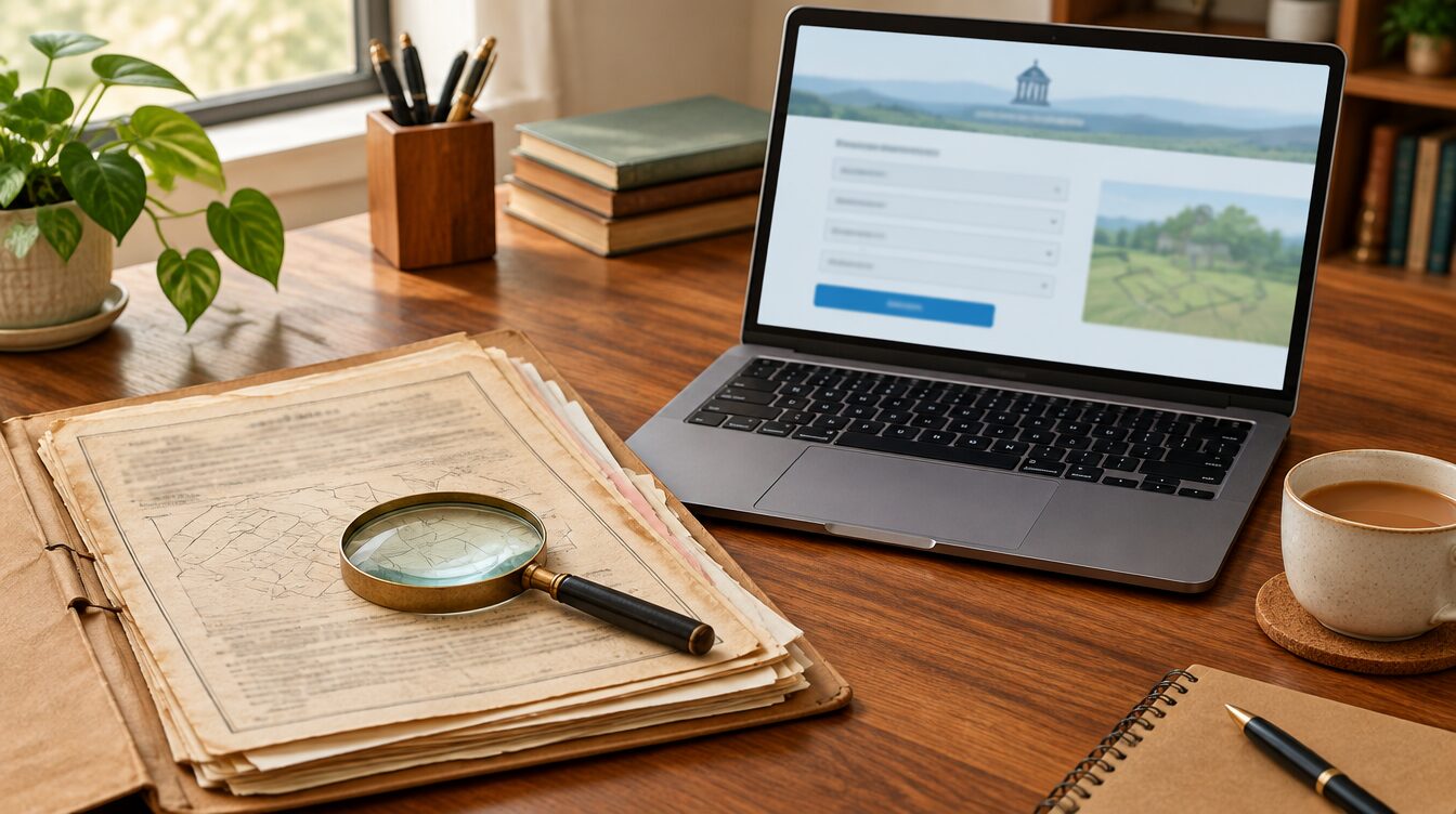 Illustrative AI-generated scene of property documents and a laptop, not an actual government portal.