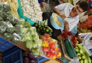 Illustrative vegetable market shopping scene. Not a documented Navi Mumbai household spending experiment.