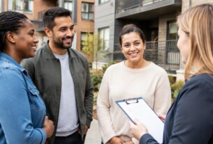 Illustrative image of residents discussing paperwork outside a residential building. Does not depict an actual society or registration.