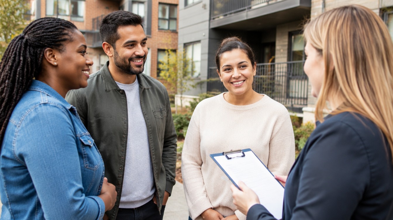 Illustrative image of residents discussing paperwork outside a residential building. Does not depict an actual society or registration.