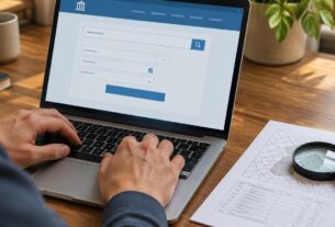 Illustrative image of someone searching a property records portal on a laptop. Does not depict an actual government portal.
