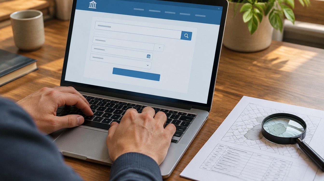 Illustrative image of someone searching a property records portal on a laptop. Does not depict an actual government portal.