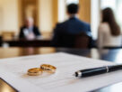 Wedding rings resting on a document with a pen, in a registry-office setting