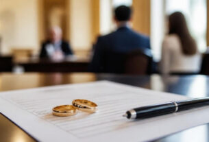 Wedding rings resting on a document with a pen, in a registry-office setting