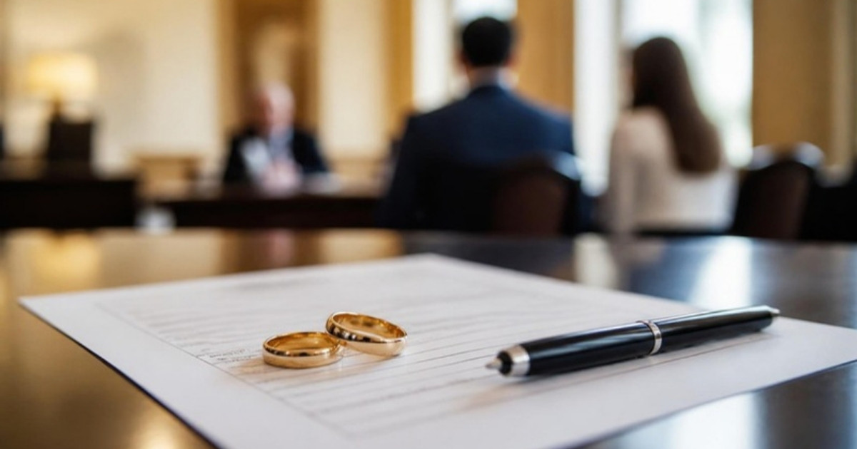 Wedding rings resting on a document with a pen, in a registry-office setting
