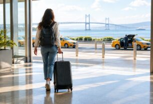Illustrative AI-generated scene of a traveller with luggage beside airport taxis.