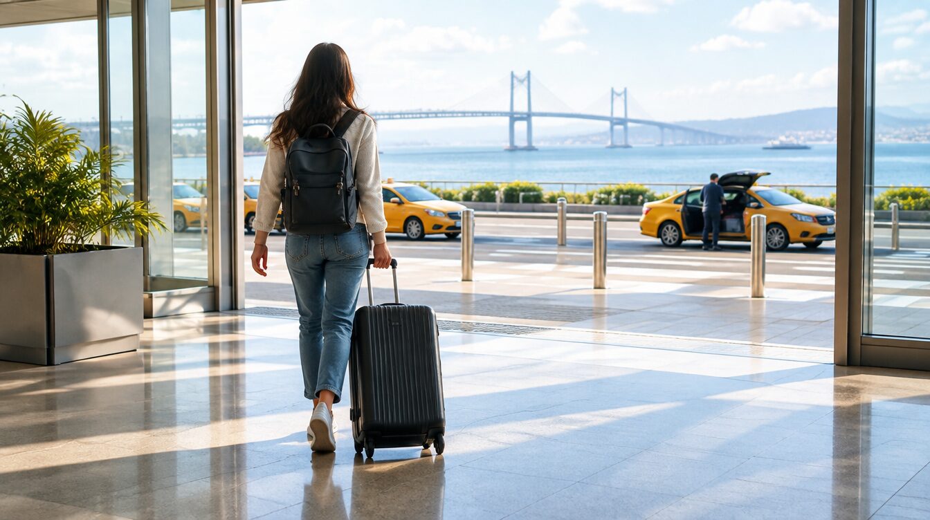 Illustrative AI-generated scene of a traveller with luggage beside airport taxis.