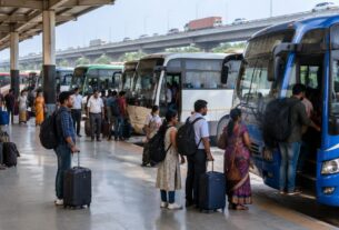 Illustrative AI-generated scene of an intercity bus stand, not an actual location or operator.