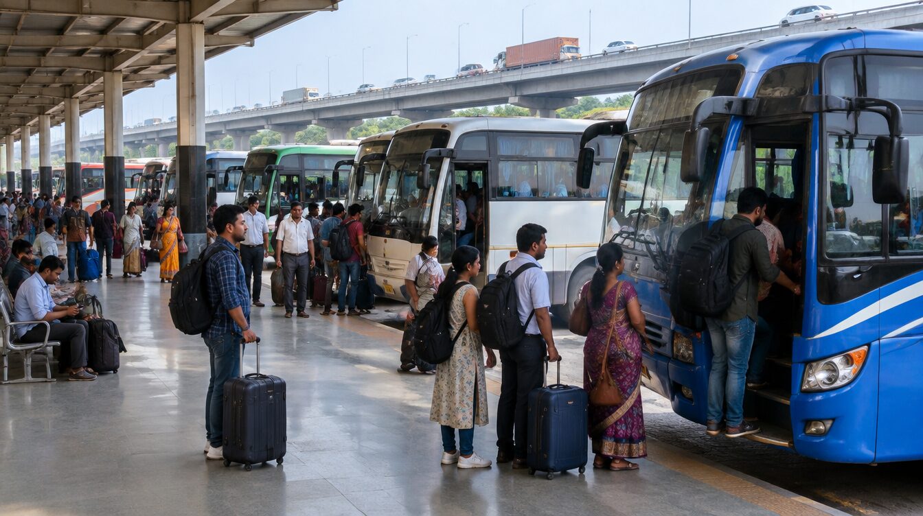 Illustrative AI-generated scene of an intercity bus stand, not an actual location or operator.