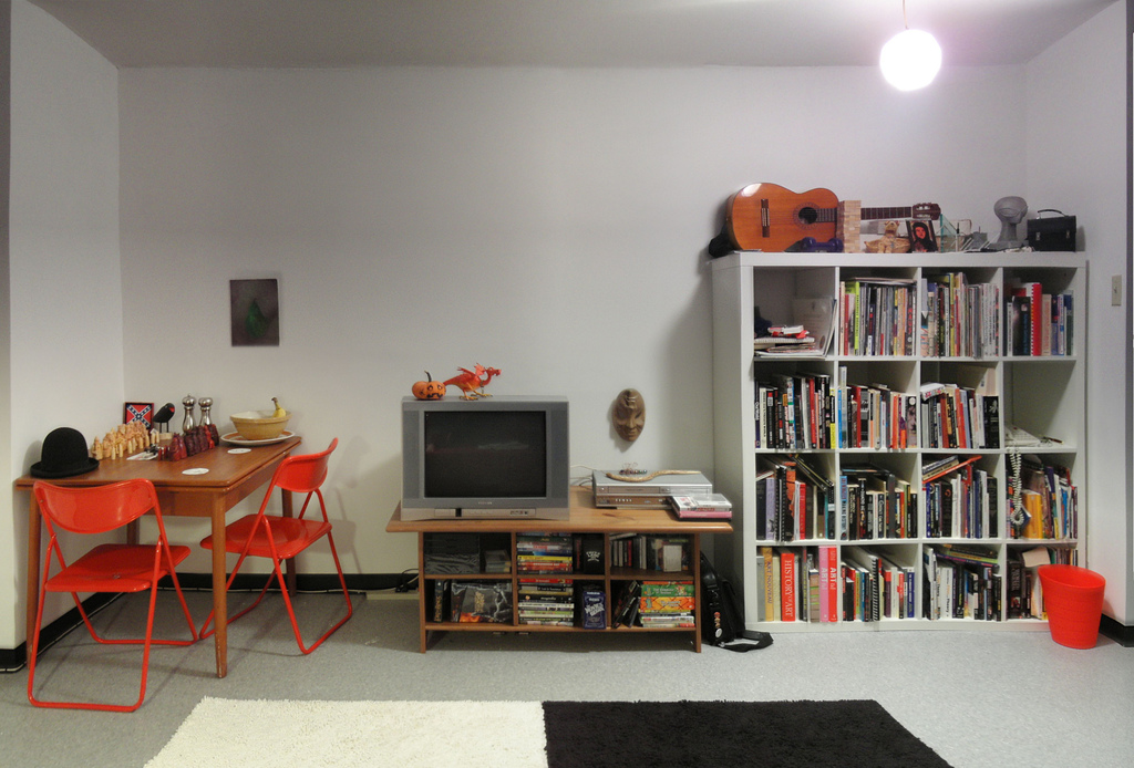 Illustrative photo of an ordinary lived-in apartment living room. Not a photograph of a specific household or research participant.