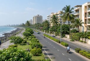 Illustrative AI-generated view of a coastal promenade with apartment buildings, not an actual Nerul location.