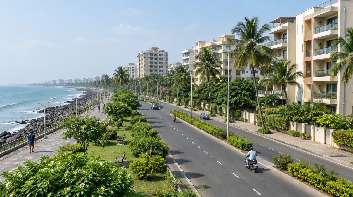 Illustrative AI-generated view of a coastal promenade with apartment buildings, not an actual Nerul location.