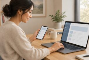 Illustrative AI-generated image of a person using a smartphone and laptop; does not depict an actual NMMC portal, app, or payment screen.